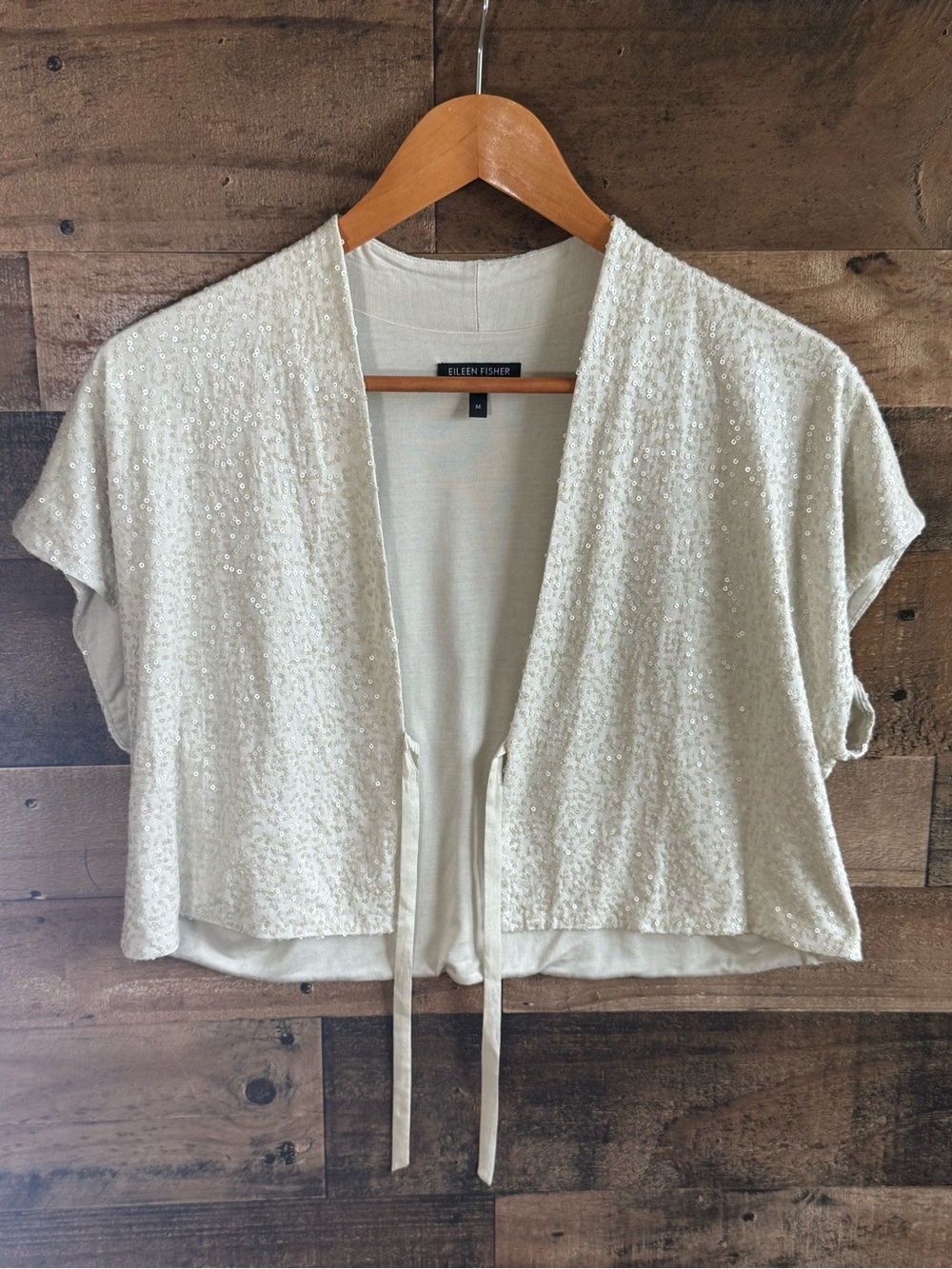 Eileen Fisher Cream Sequin Tie-Front Cropped Tunic Medium